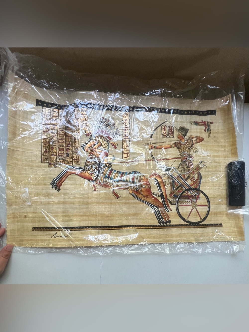 AMO Egyptian Chariot Tapestry in Tan, Brown, Blue, and Gold